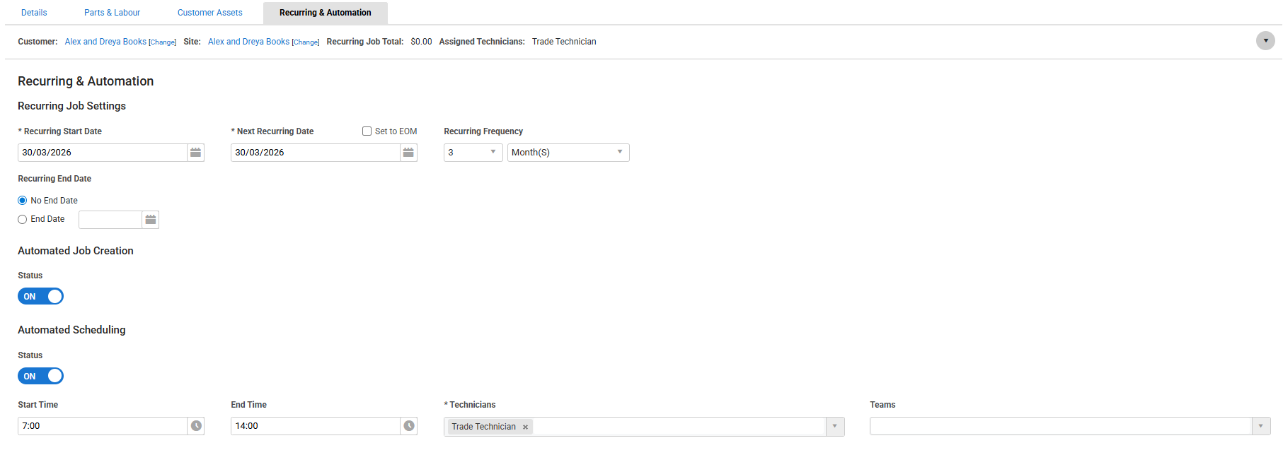 A screenshot of the Recurring Job Setup page.